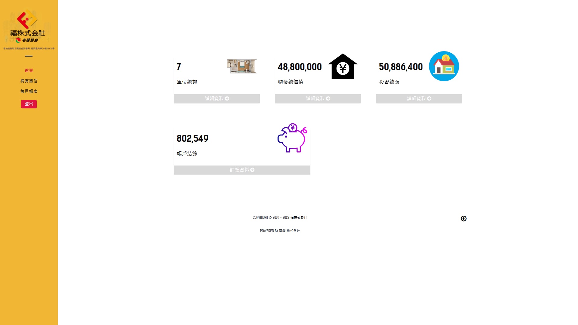 不動產租金管理系統後台主頁，顯示持有單位數、物業總價值、投資金額與帳戶結餘