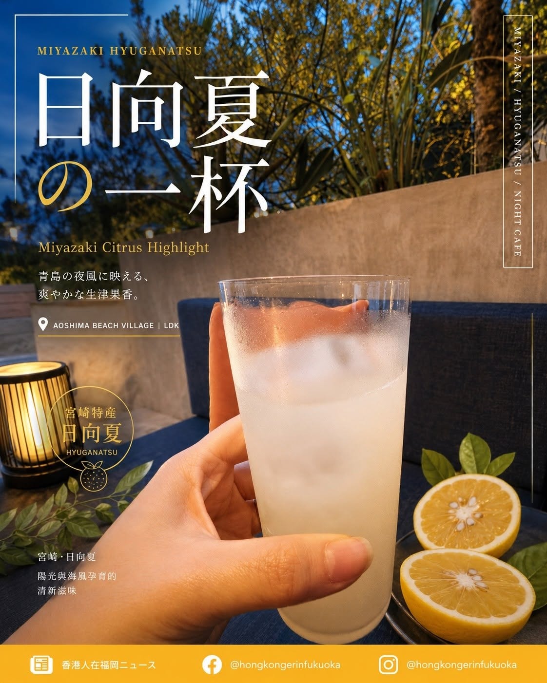 宮崎 AOSHIMA BEACH VILLAGE LDK 日向夏飲品,青島夜風中的清爽柑橘風味與海邊餐廳體驗