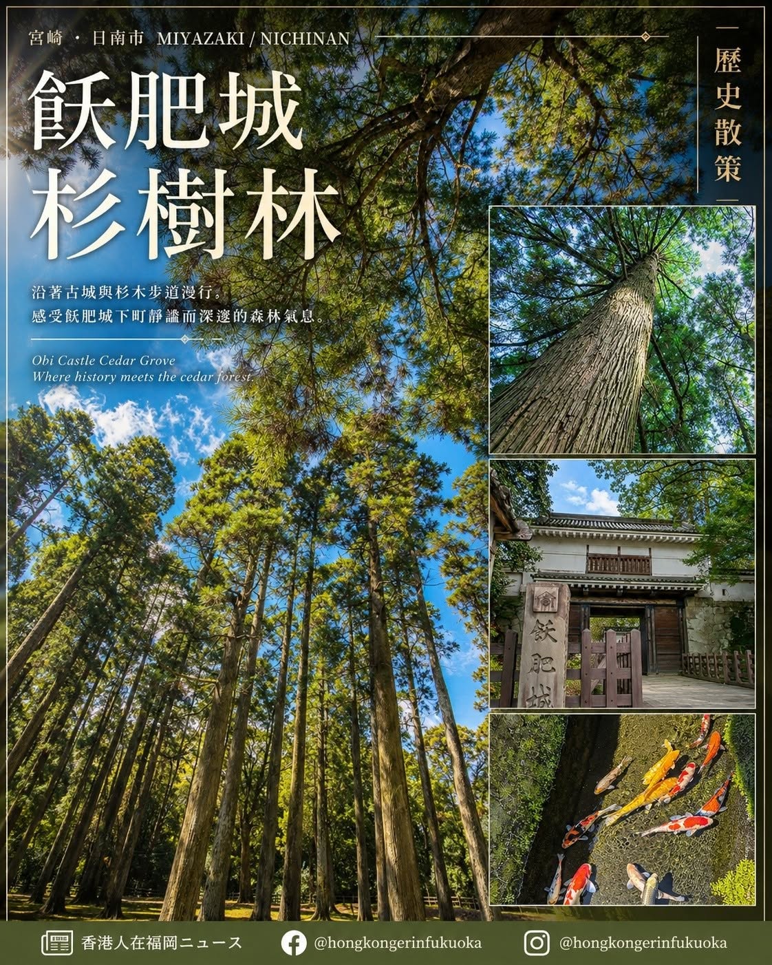 宮崎日南市飫肥城杉樹林，沿著古城與杉木步道散步，感受飫肥城下町靜謐而深邃的森林氣息