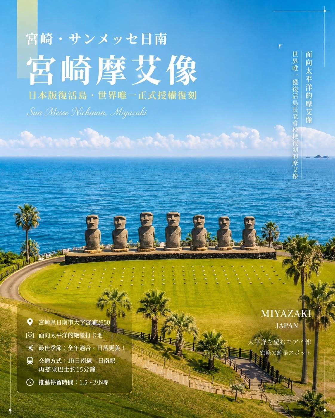 宮崎 Sun Messe Nichinan サンメッセ日南摩艾像，面向太平洋的七座復活島授權復刻摩艾石像與南國海景