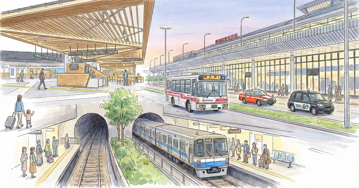 福岡機場前往博多與天神的交通示意，地鐵、巴士、的士路線比較（福岡機場 交通）