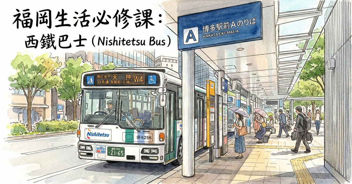 福岡市區西鐵巴士行經天神與住宅區，展示福岡生活交通實況