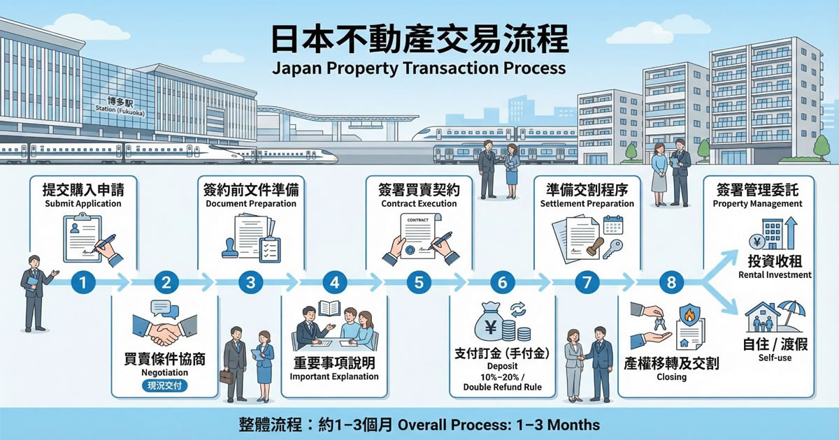 日本不動產買賣流程示意，包含申購書、合約文件、銀行匯款與過戶登記相關資料，呈現海外人士購買日本房產的完整步驟